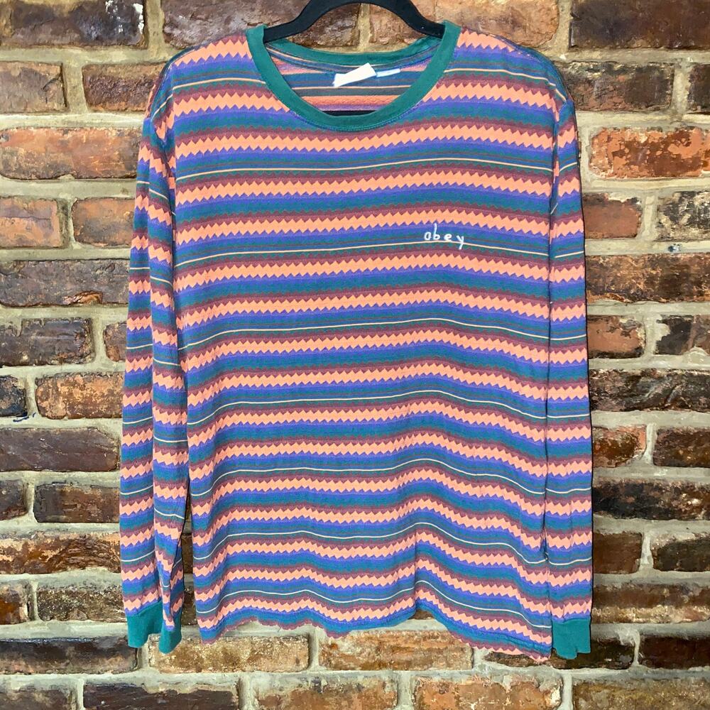 Obey Chevron Striped Multicolored Long Sleeve Shirt Men's Size Medium